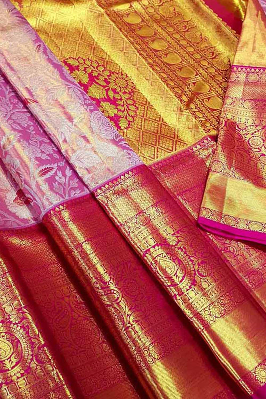 Timeless Elegance: Exquisite Pink Kanjeevaram Handloom Pure Tissue Silk Saree - Luxurion World