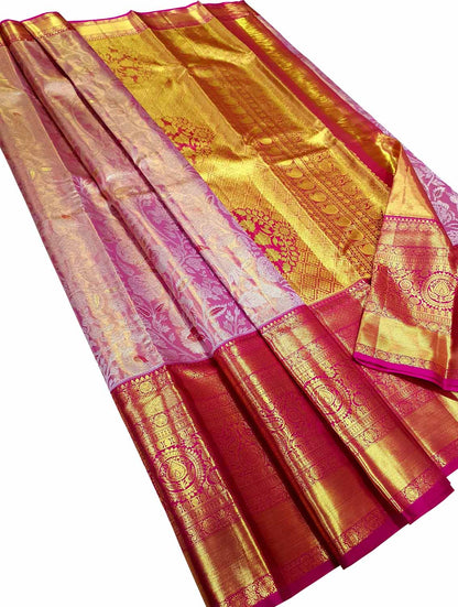 Timeless Elegance: Exquisite Pink Kanjeevaram Handloom Pure Tissue Silk Saree - Luxurion World