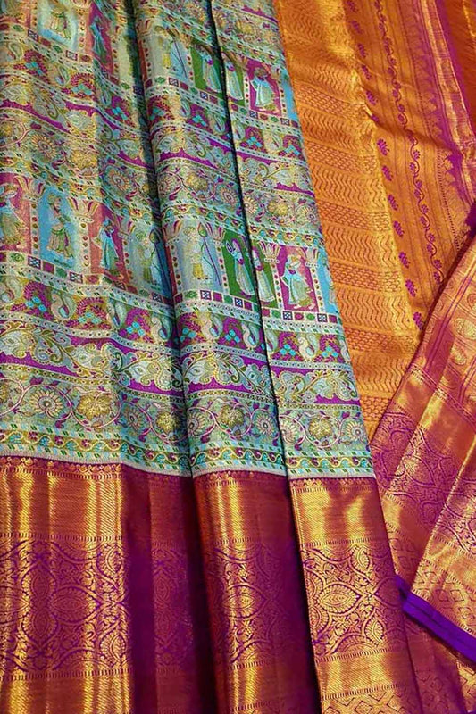 Exquisite Blue Kanjeevaram Handloom Pure Silk Saree: Timeless Elegance - Luxurion World