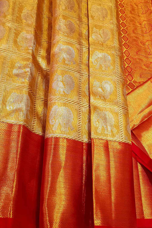 Exquisite Golden Kanjeevaram Handloom Pure Tissue Silk Saree - Luxurion World
