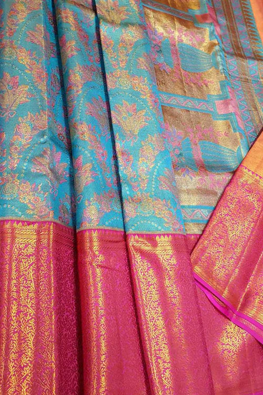 Exquisite Blue Kanjeevaram Handloom Pure Tissue Silk Saree - Luxurion World