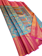 Exquisite Blue Kanjeevaram Handloom Pure Tissue Silk Saree - Luxurion World