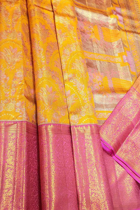 Exquisite Yellow Kanjeevaram Handloom Pure Tissue Silk Saree