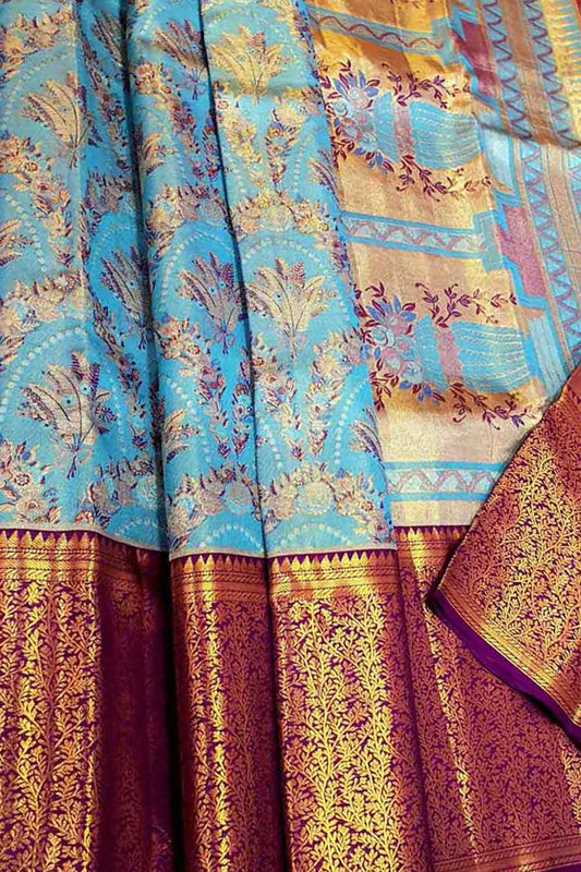 Elegant Blue Kanjeevaram Handloom Pure Tissue Silk Saree