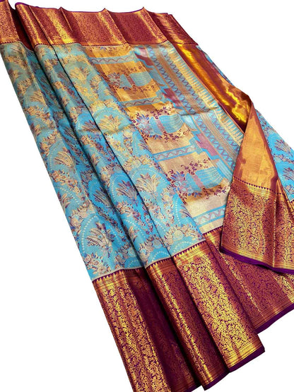 Elegant Blue Kanjeevaram Handloom Pure Tissue Silk Saree - Luxurion World