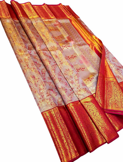 Exquisite Pink Kanjeevaram Handloom Pure Tissue Silk Saree - Luxurion World