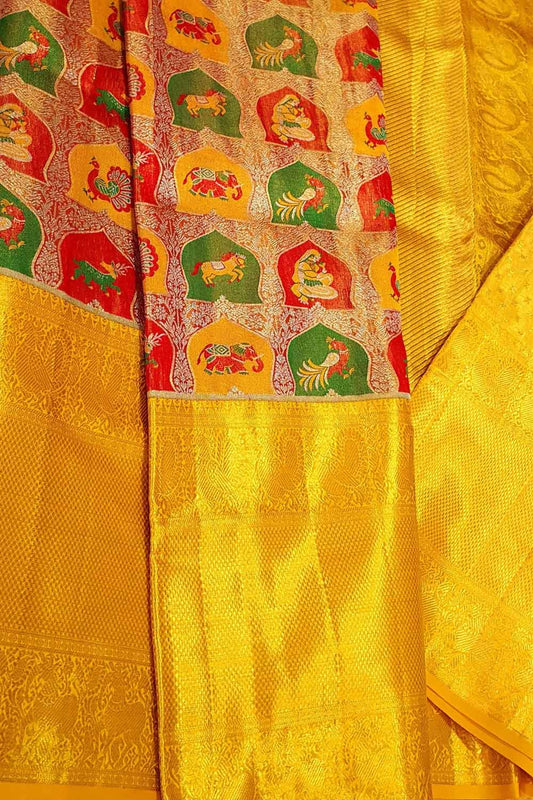 Multicolor Kanjeevaram Handloom Pure Tissue Silk Saree - Luxurion World