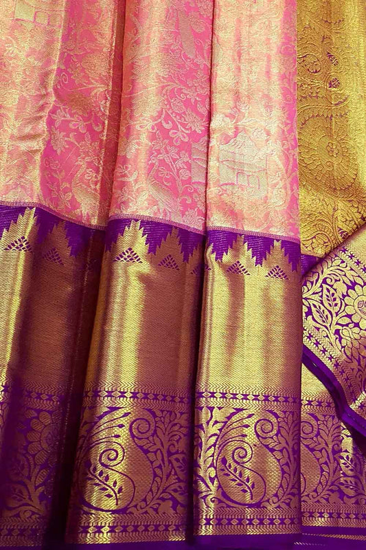 Exquisite Pink Kanjeevaram Pure Silk Saree - Luxurion World