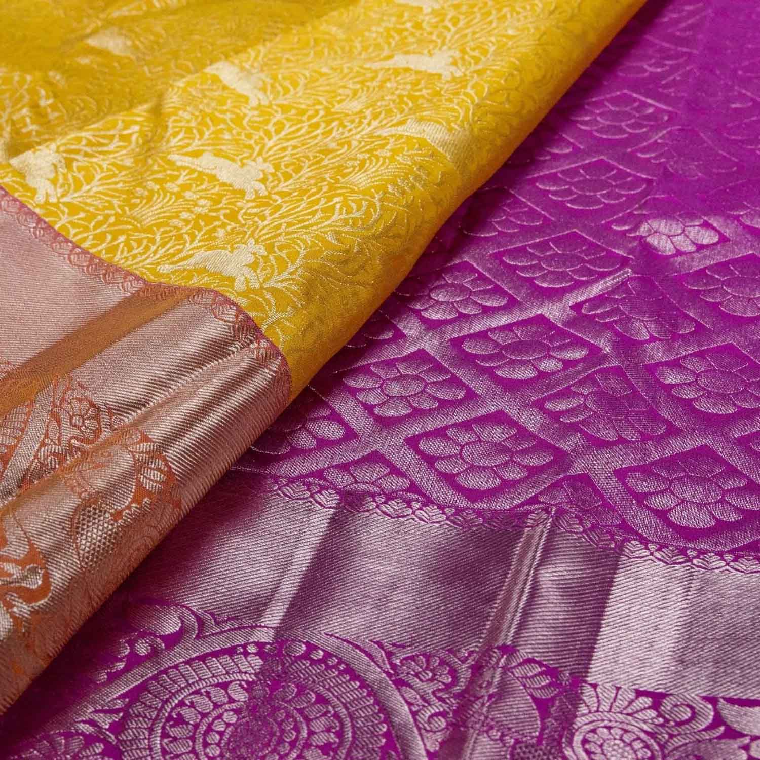 Yellow Kanjiwaram Handloom Pure Silk Saree - Luxurion World