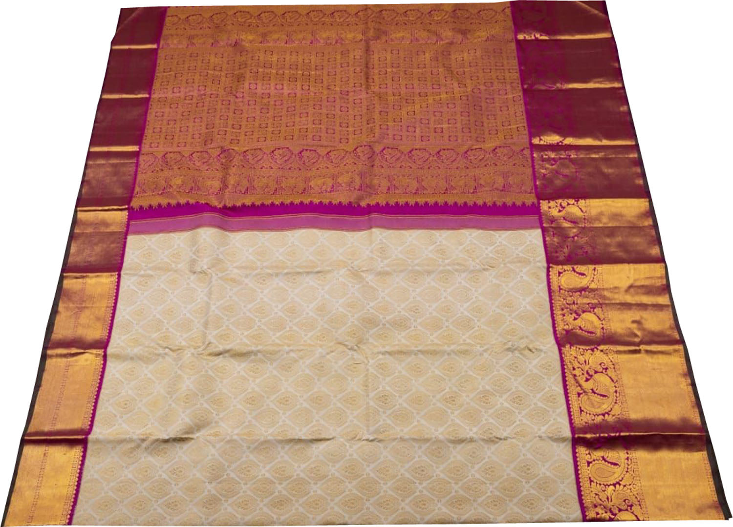 Off White Kanjeevaram Handloom Pure Silk Saree - Luxurion World