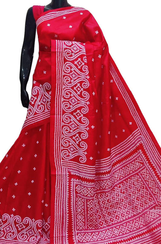 Red Hand Embroidered Kantha Bangalore Silk Gujrati Stitch Saree - Luxurion World