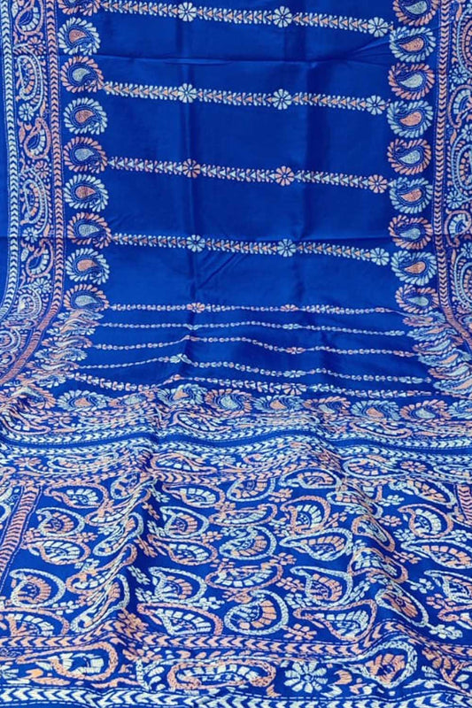 Blue Hand Embroidered Kantha Bangalore Silk Saree