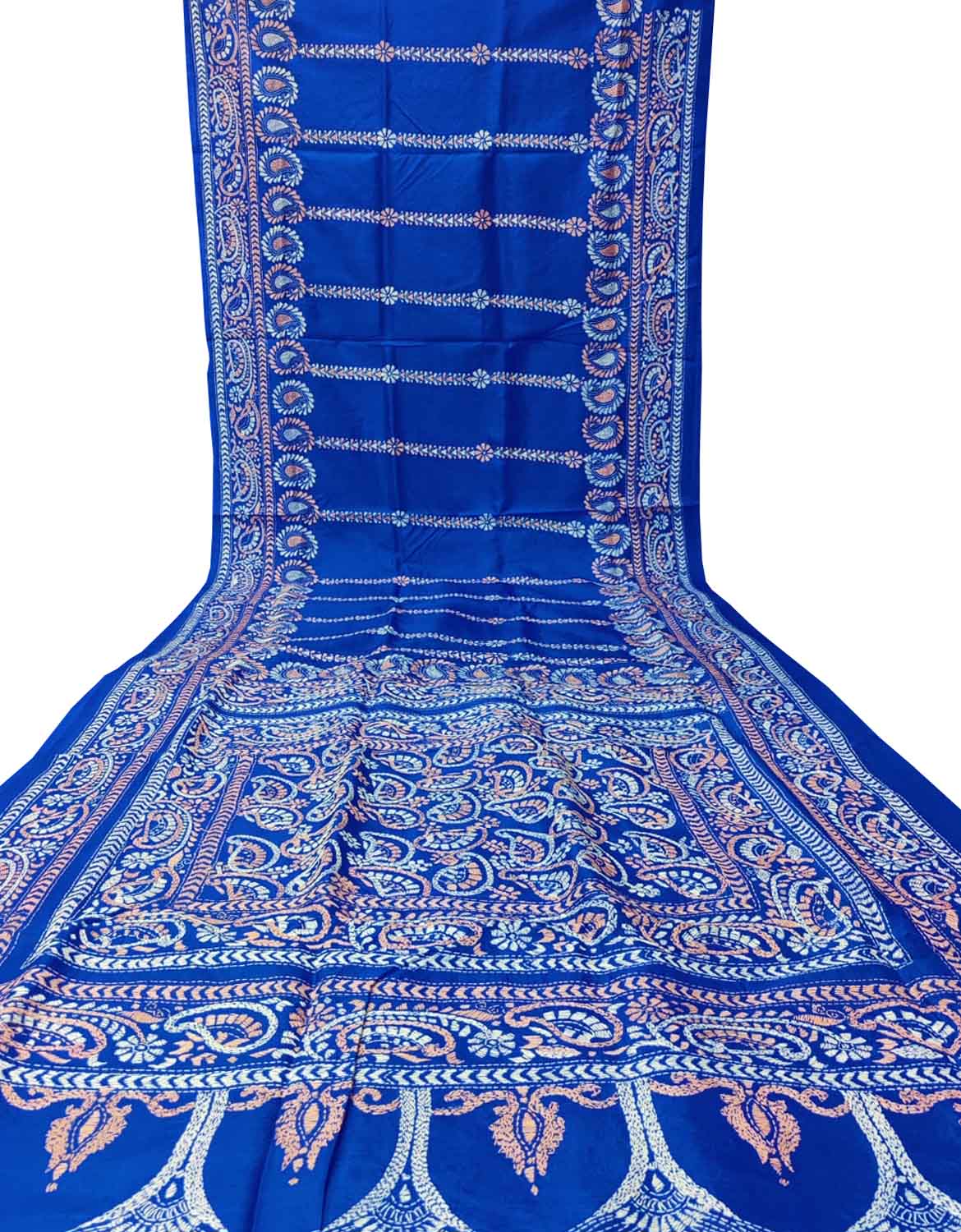 Blue Hand Embroidered Kantha Bangalore Silk Saree - Luxurion World