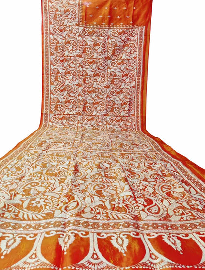 Orange Hand Embroidered Kantha Pure Bangalore Silk Saree - Luxurion World