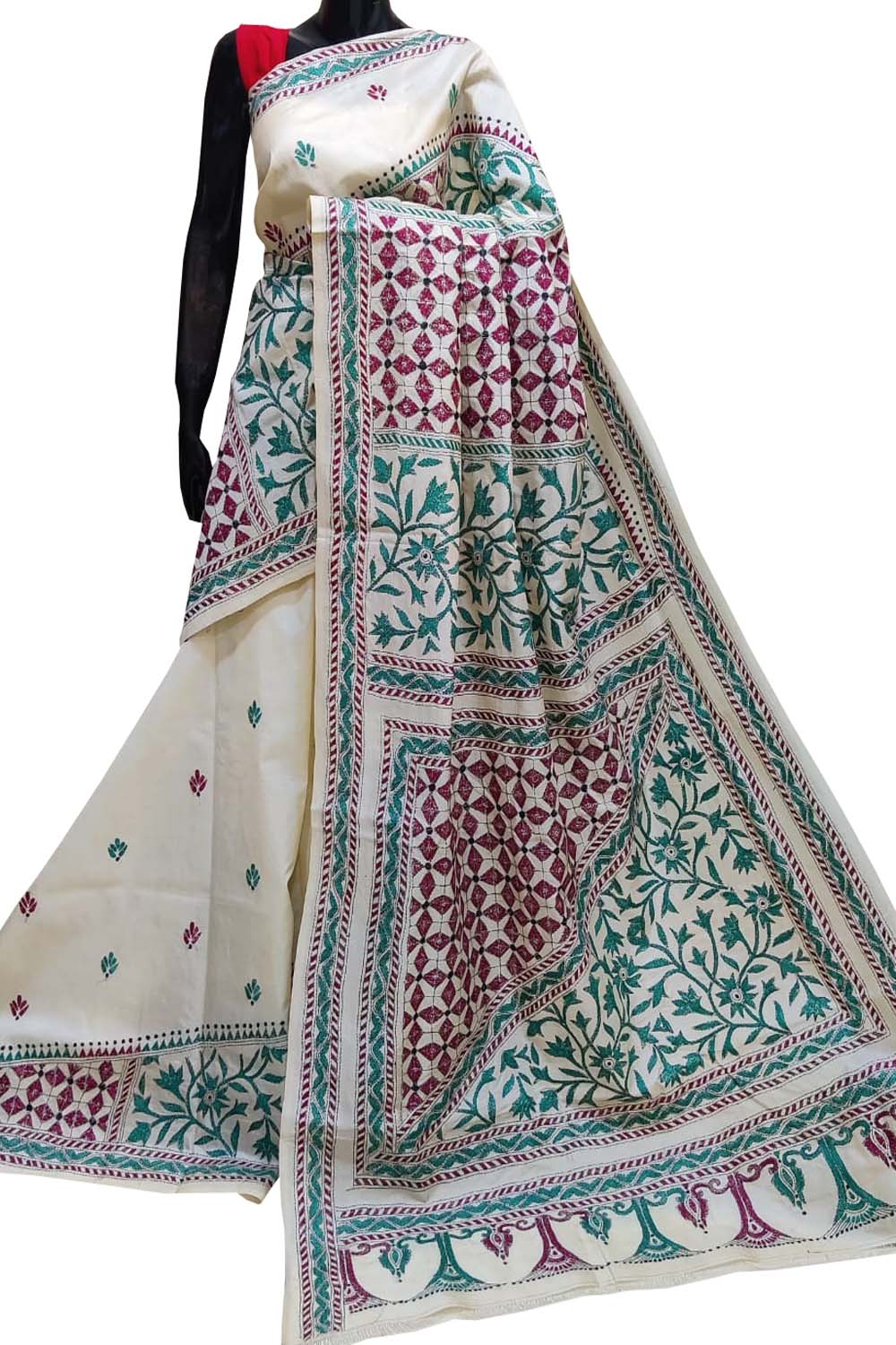 Off  White Kantha Hand Embroidered Pure Tussar Silk Saree - Luxurion World