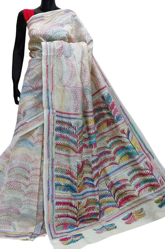 Off White Kantha Hand Embroidered Pure Tussar Silk Saree - Luxurion World