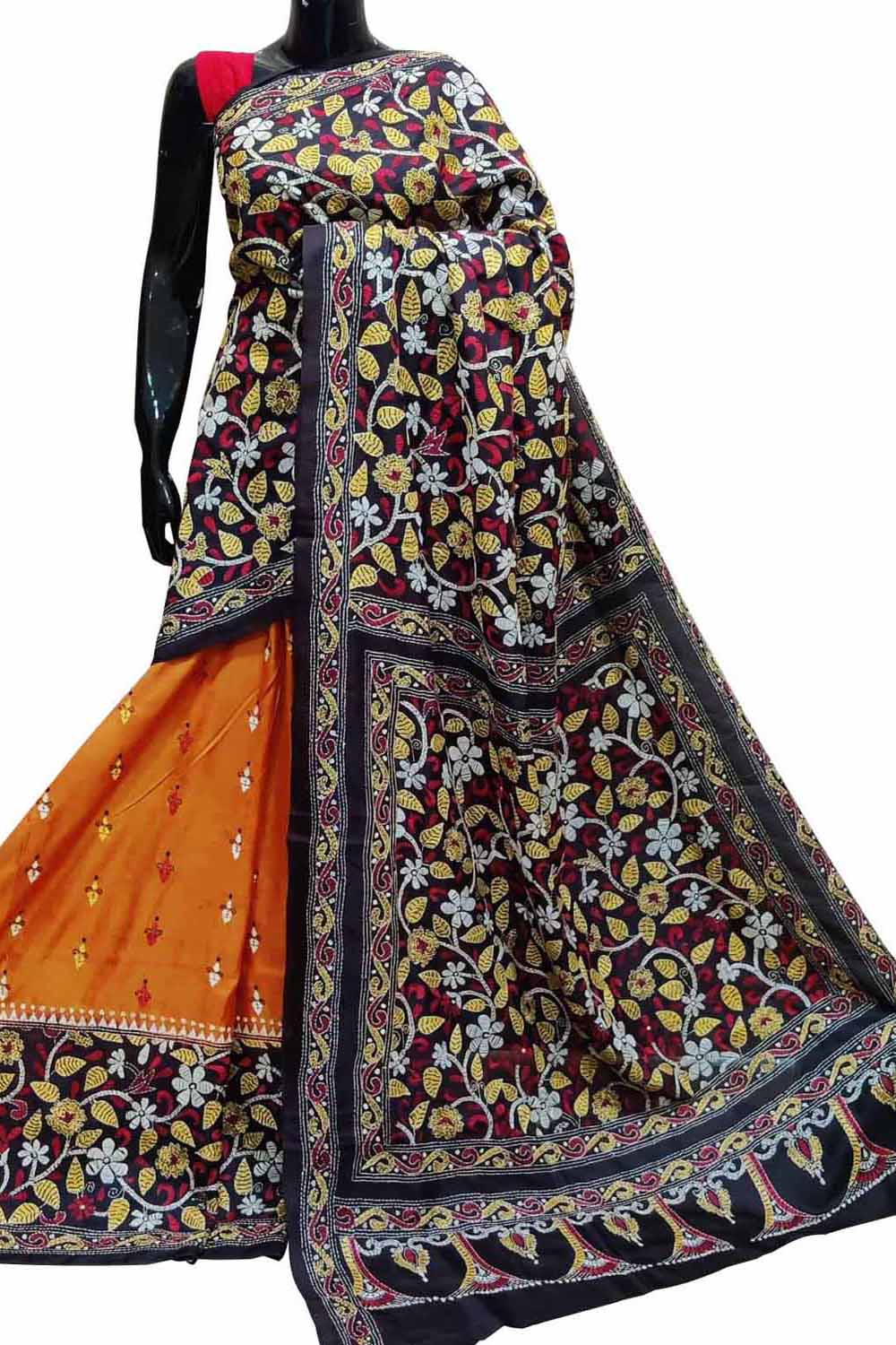 Stunning Orange Kantha Embroidered Bangalore Silk Saree - Hand Painted Beauty - Luxurion World