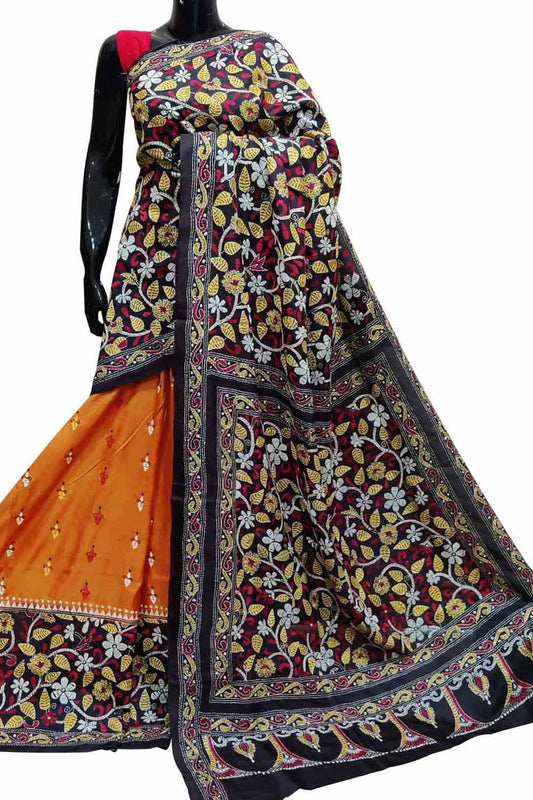 Stunning Orange Kantha Embroidered Bangalore Silk Saree - Hand Painted Beauty - Luxurion World