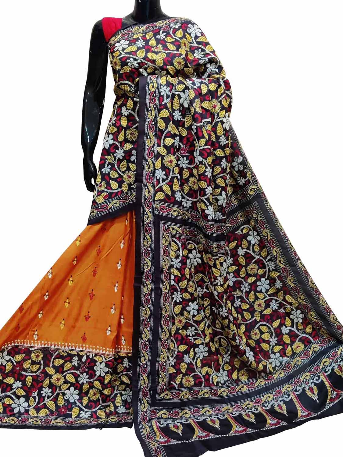 Stunning Orange Kantha Embroidered Bangalore Silk Saree - Hand Painted Beauty - Luxurion World