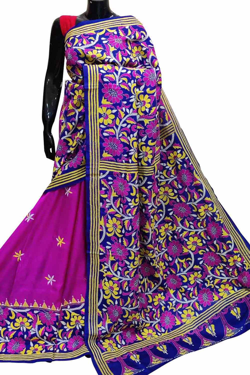 Stunning Pink Kantha Embroidered Bangalore Silk Saree - Hand Painted Beauty - Luxurion World