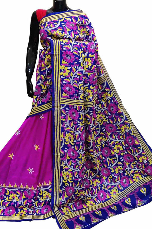 Stunning Pink Kantha Embroidered Bangalore Silk Saree - Hand Painted Beauty - Luxurion World