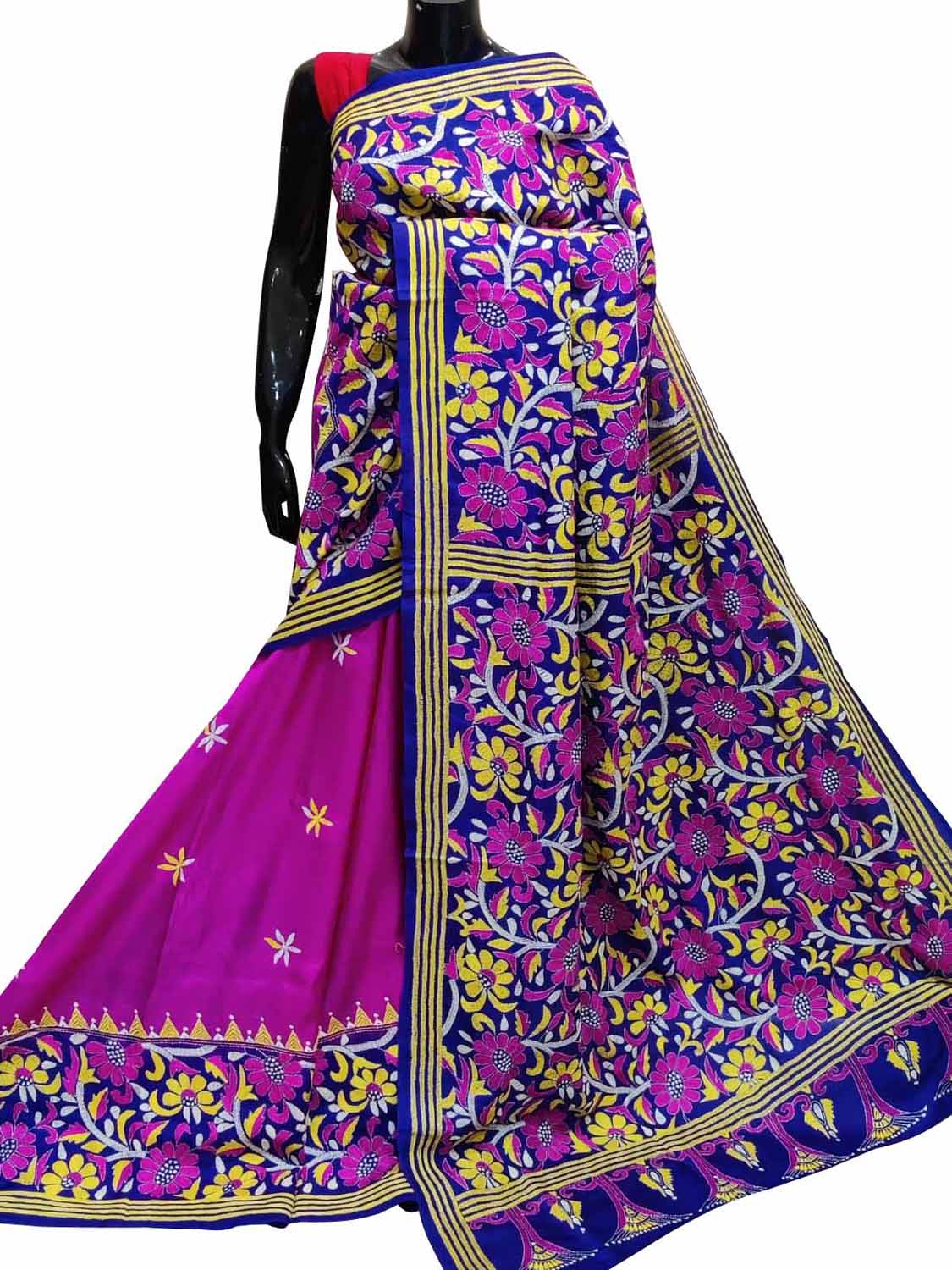 Stunning Pink Kantha Embroidered Bangalore Silk Saree - Hand Painted Beauty - Luxurion World