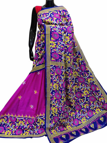 Stunning Pink Kantha Embroidered Bangalore Silk Saree - Hand Painted Beauty - Luxurion World