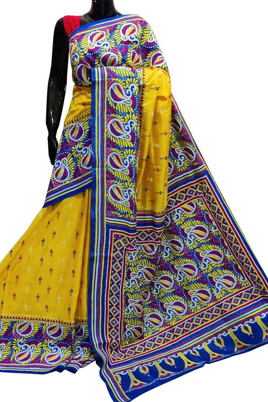 Stunning Yellow Kantha Embroidered Bangalore Silk Saree