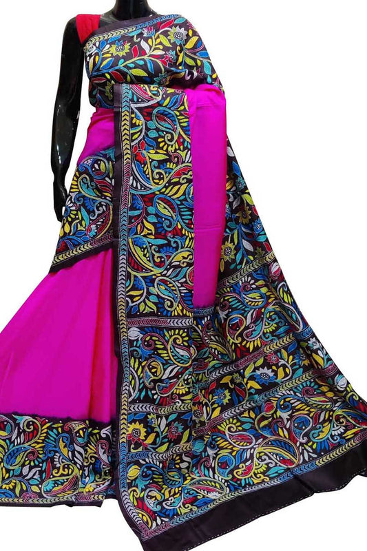 Stunning Pink Kantha Embroidered Bangalore Silk Saree - Hand Painted Beauty - Luxurion World