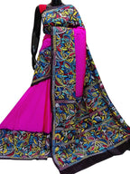 Stunning Pink Kantha Embroidered Bangalore Silk Saree - Hand Painted Beauty - Luxurion World