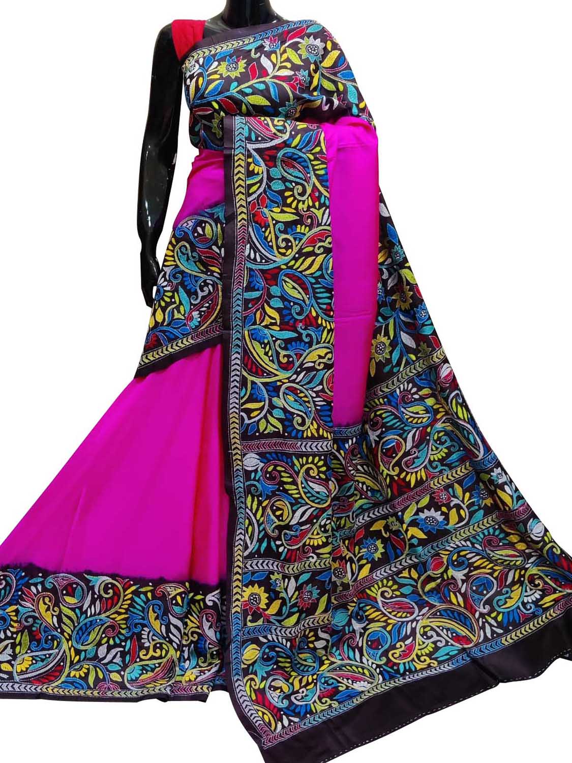Stunning Pink Kantha Embroidered Bangalore Silk Saree - Hand Painted Beauty - Luxurion World