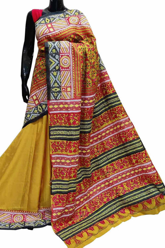 Stunning Yellow Kantha Embroidered Bangalore Silk Saree - Luxurion World