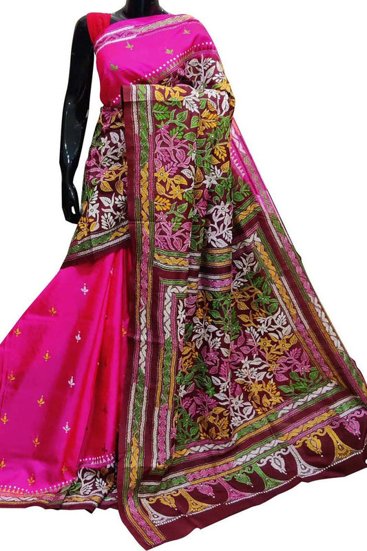 Stunning Pink Kantha Embroidered Bangalore Silk Saree - Hand Painted Beauty