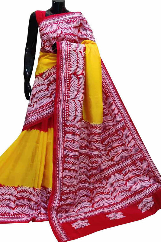 Stunning Yellow Kantha Embroidered Bangalore Silk Saree - Hand Painted Beauty