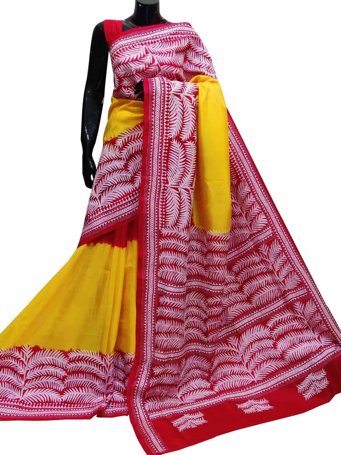 Stunning Yellow Kantha Embroidered Bangalore Silk Saree - Hand Painted Beauty - Luxurion World