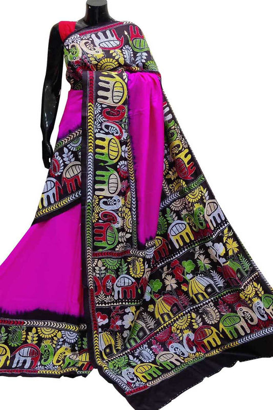 Stunning Pink Kantha Embroidered Bangalore Silk Saree - Hand Painted Beauty - Luxurion World