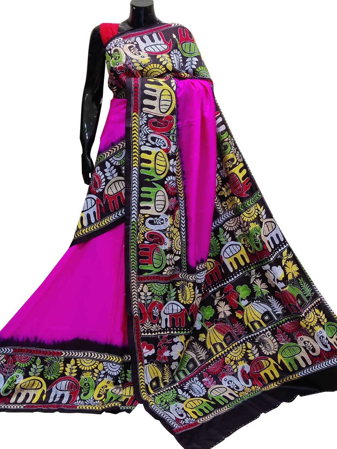 Stunning Pink Kantha Embroidered Bangalore Silk Saree - Hand Painted Beauty - Luxurion World