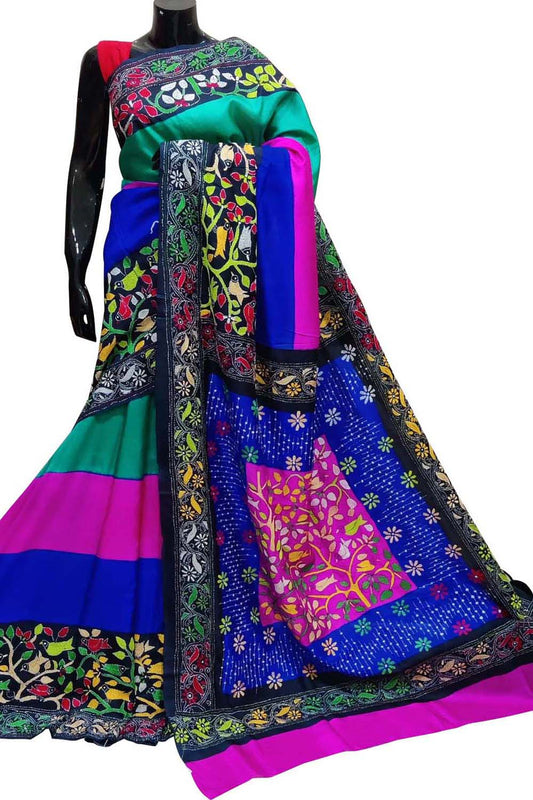 Stunning Multicolor Kantha Embroidered Bangalore Silk Saree