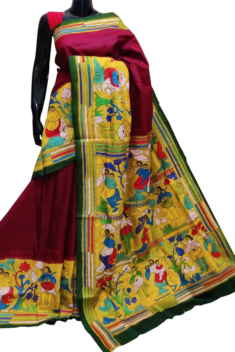 Stunning Maroon Kantha Embroidered Silk Saree - Hand Painted Beauty - Luxurion World
