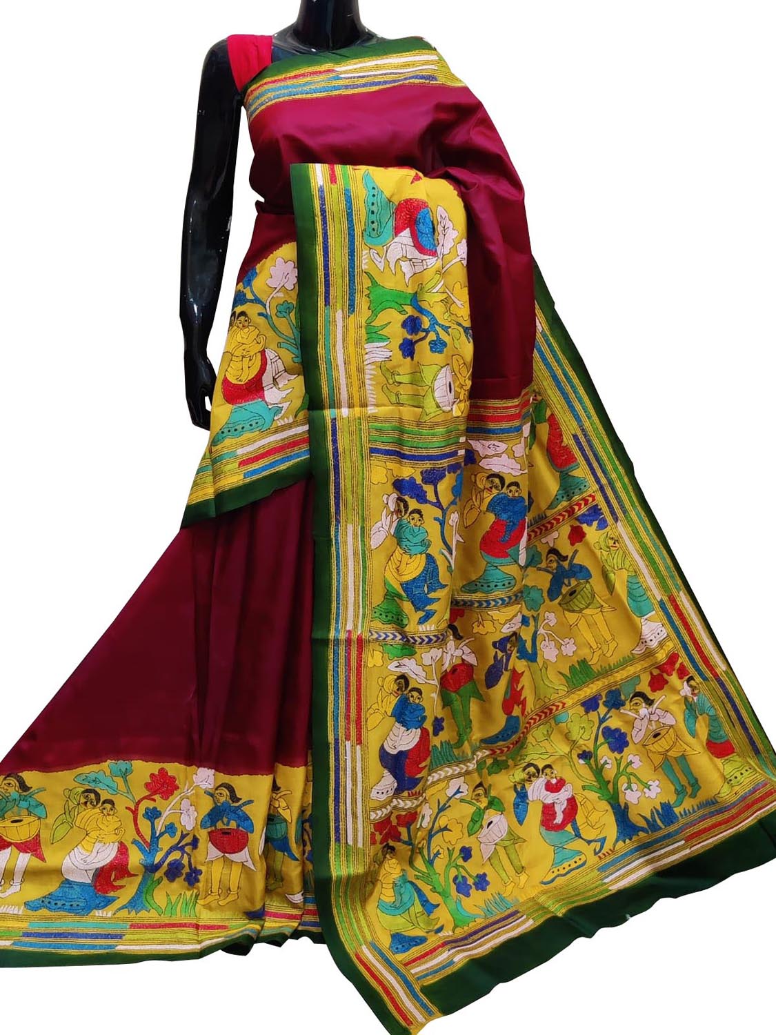 Stunning Maroon Kantha Embroidered Silk Saree - Hand Painted Beauty - Luxurion World