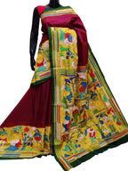 Stunning Maroon Kantha Embroidered Silk Saree - Hand Painted Beauty - Luxurion World
