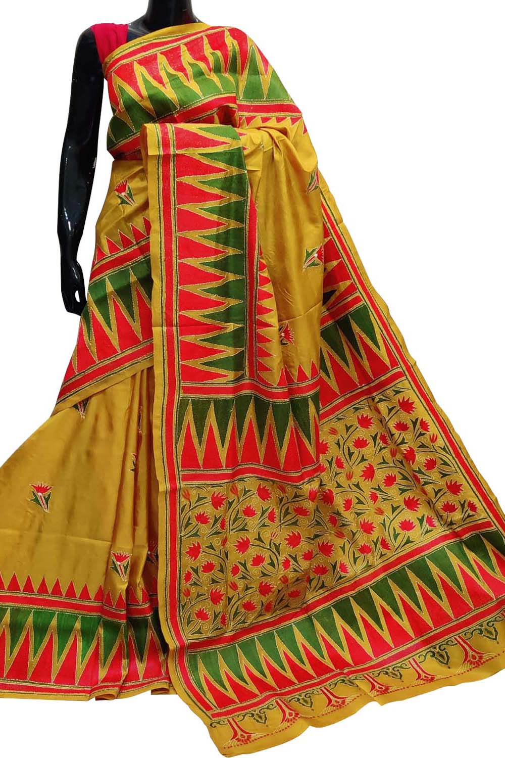 Stunning Yellow Kantha Embroidered Bangalore Silk Saree