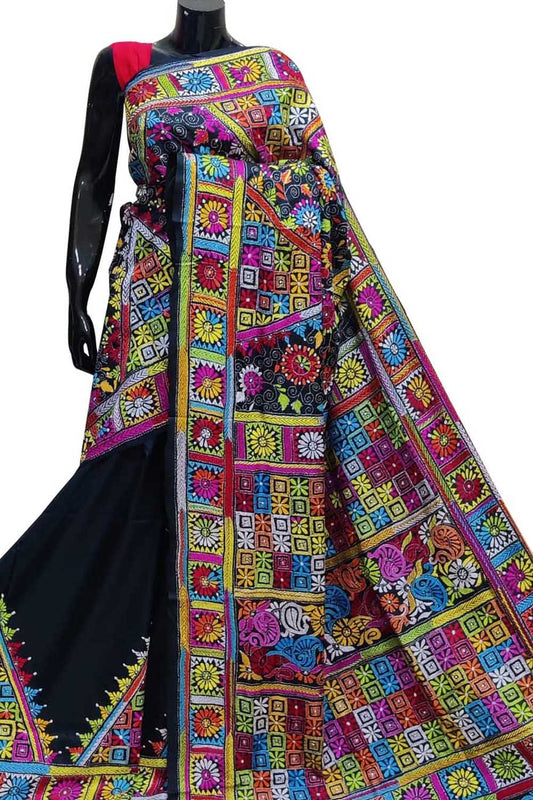 Black Kantha Hand Embroidered Pure Bangalore Silk Saree - Luxurion World