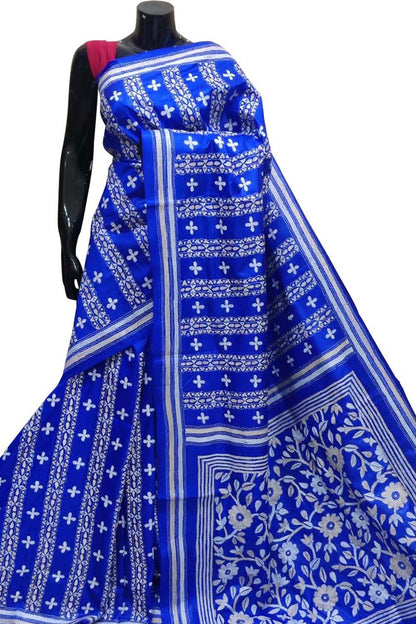 Blue Kantha Hand Embroidered Pure Bangalore Silk Saree