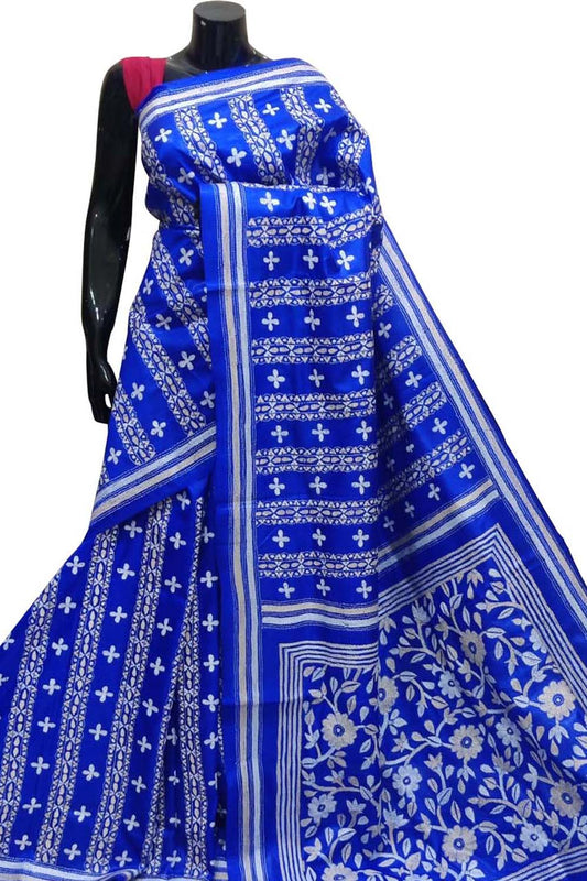 Blue Kantha Hand Embroidered Pure Bangalore Silk Saree - Luxurion World