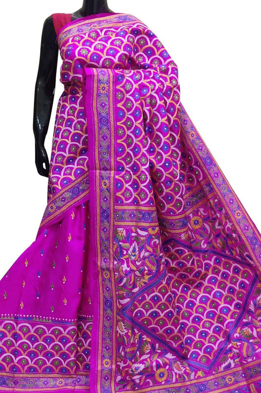 Pink Kantha Hand Embroidered Pure Bangalore Silk Saree - Luxurion World