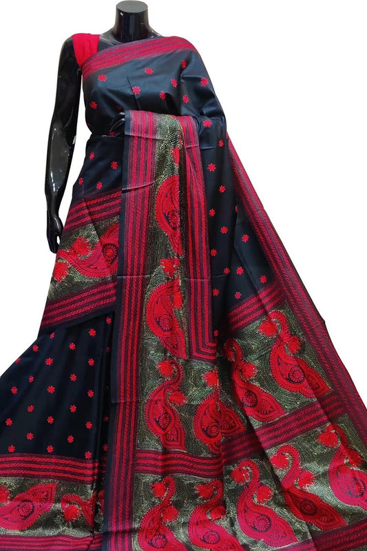 Black Kantha Hand Embroidered Pure Bangalore Silk Saree - Luxurion World