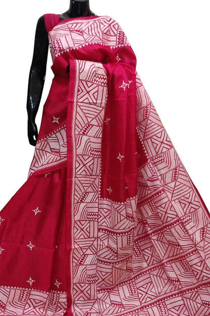 Red Kantha Hand Embroidered Pure Bangalore Silk Saree