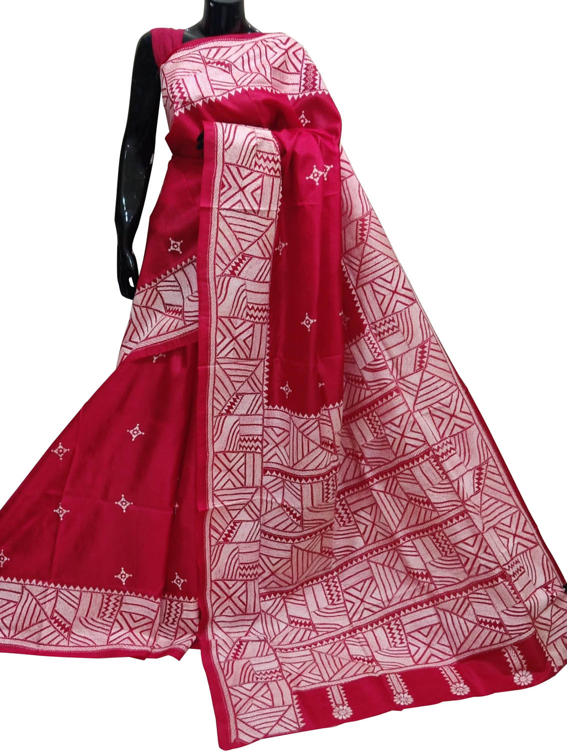 Red Kantha Hand Embroidered Pure Bangalore Silk Saree - Luxurion World