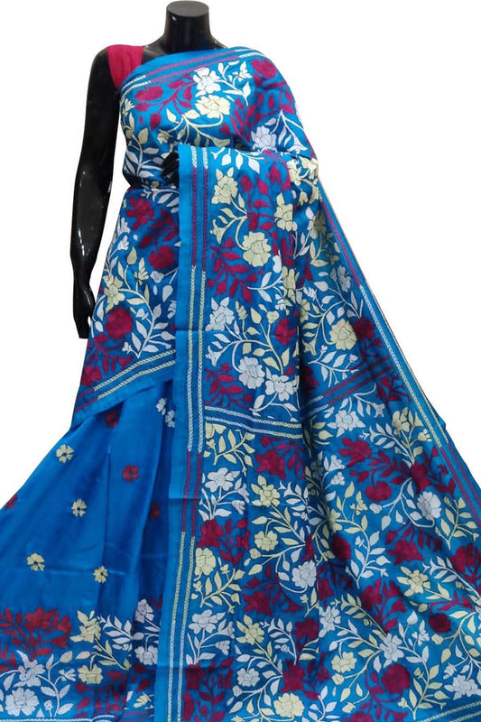 Blue Kantha Hand Embroidered Pure Bangalore Silk Saree - Luxurion World